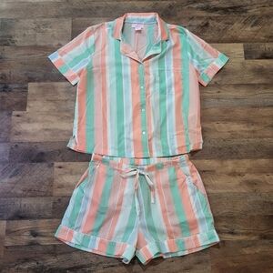 Tommy Bahama Women’s 2-Piece Green and Coral Striped Pajama Set Size Small